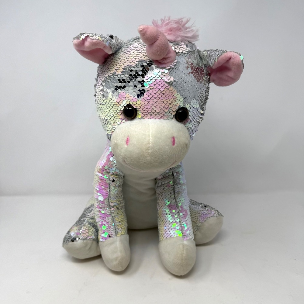 Goffa Reversible Sequin Unicorn Plush Silver Iridescent Pink 15 Inch Toy
